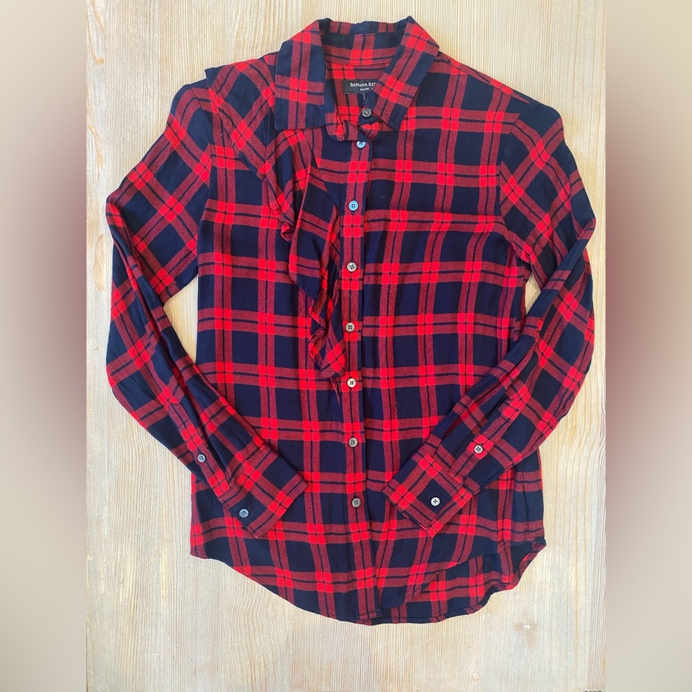 Banana Republic Dillon Shirt - Long Sleeve Plaid with Ruffle Detail